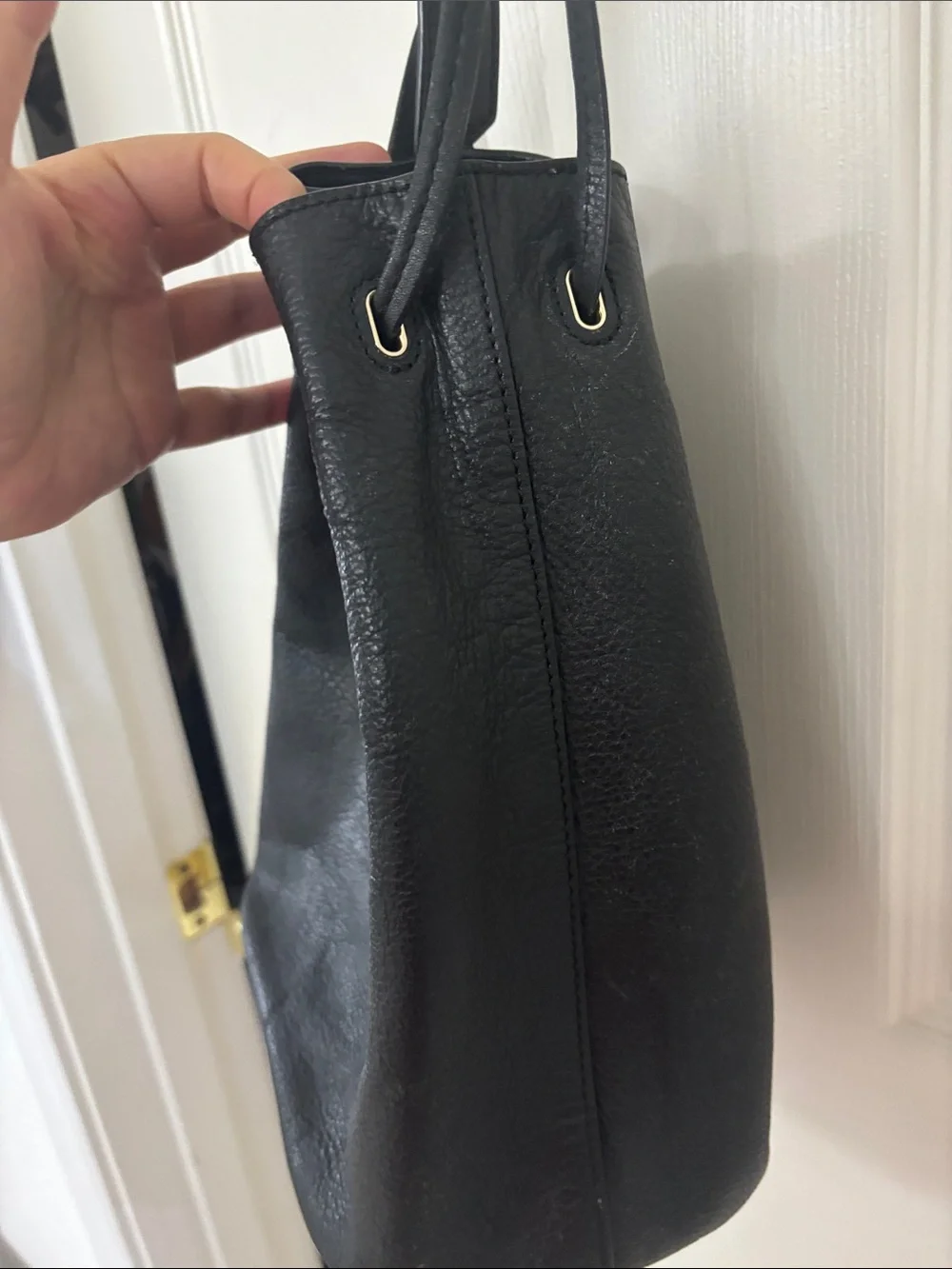 Tory Burch Black Leather Drawstring Shoulder Bag with Gold Logo